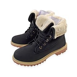 Womens Flat Fur Lined Grip Sole Winter Army Combat Ankle Boots  Black