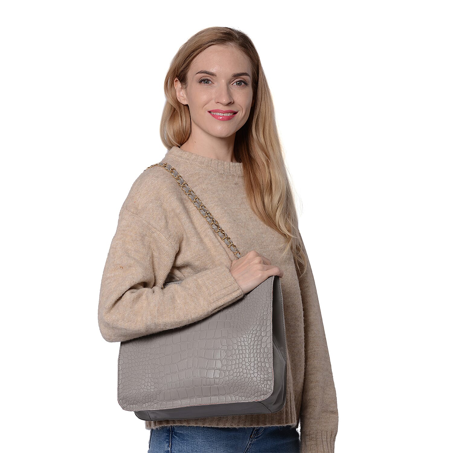 PASSAGE Croc Pattern Tote Bag with Zipper Closure ( Size 32x11x28cm) - Grey