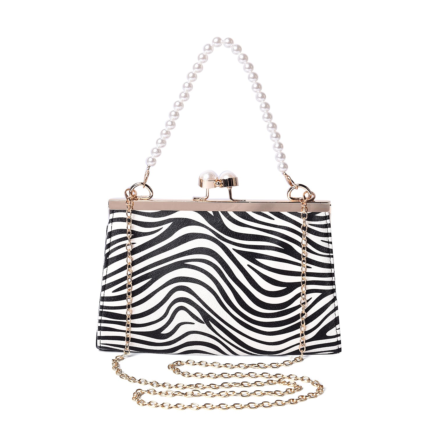 Boutique Inspired- Zebra Pattern Clutch Closure Crossbody Bag with Dangling Pearl Chain and Metallic Shoulder Strap