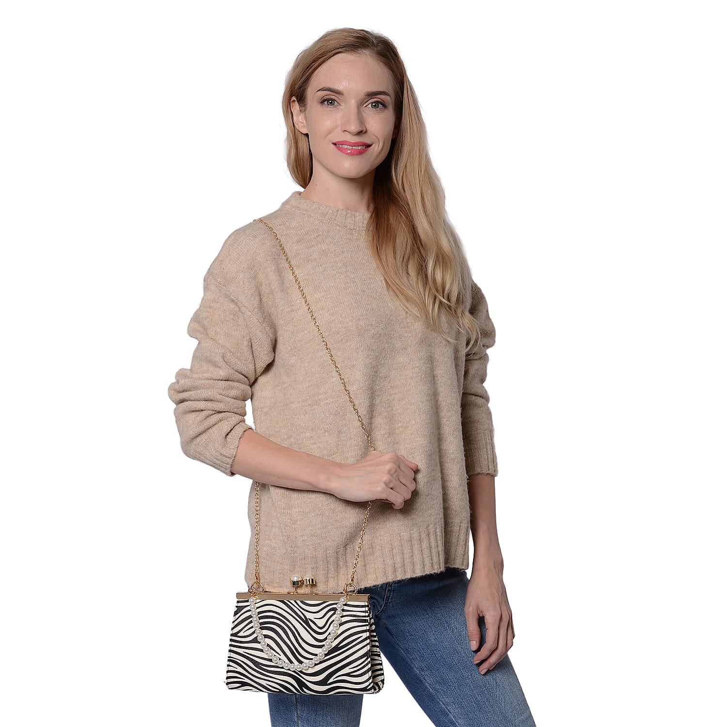 Boutique Inspired- Zebra Pattern Clutch Closure Crossbody Bag with Dangling Pearl Chain and Metallic Shoulder Strap