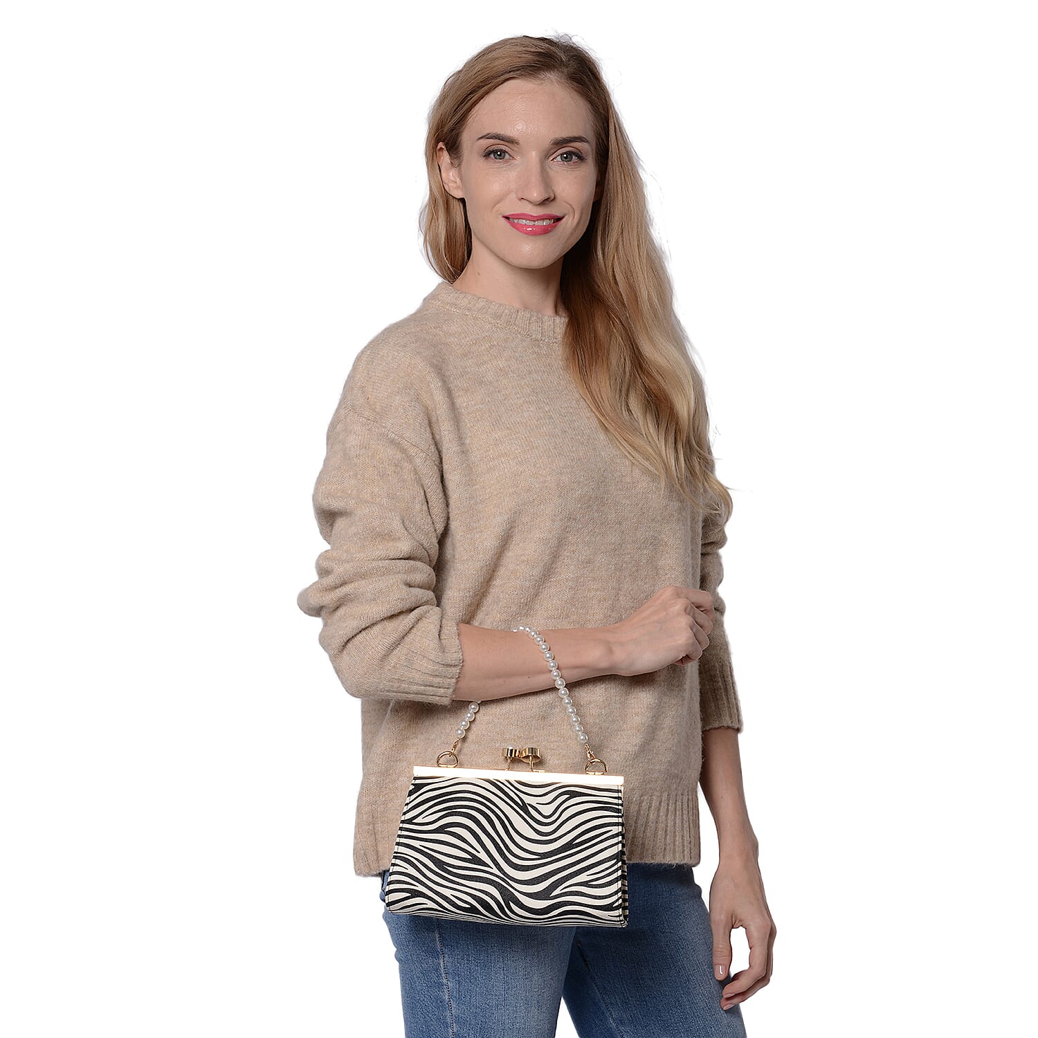 Boutique Inspired- Zebra Pattern Clutch Closure Crossbody Bag with Dangling Pearl Chain and Metallic Shoulder Strap