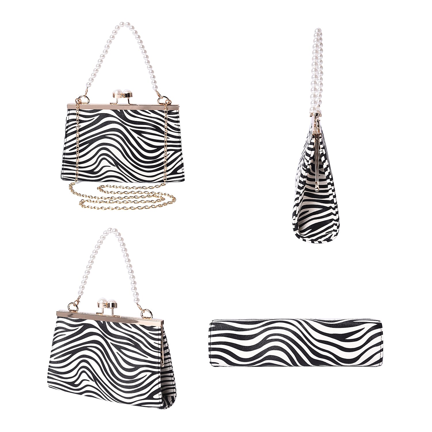 Boutique Inspired- Zebra Pattern Clutch Closure Crossbody Bag with Dangling Pearl Chain and Metallic Shoulder Strap
