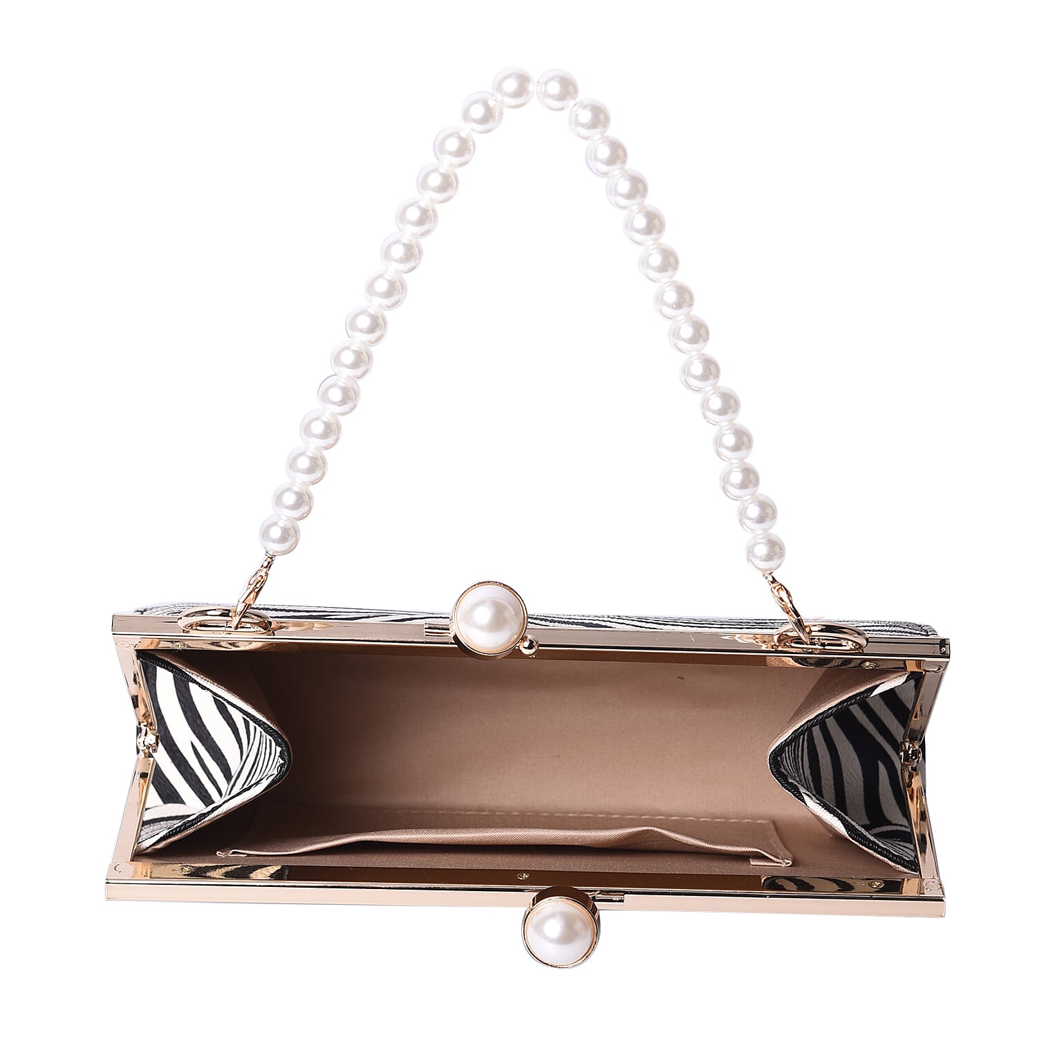 Boutique Inspired- Zebra Pattern Clutch Closure Crossbody Bag with Dangling Pearl Chain and Metallic Shoulder Strap
