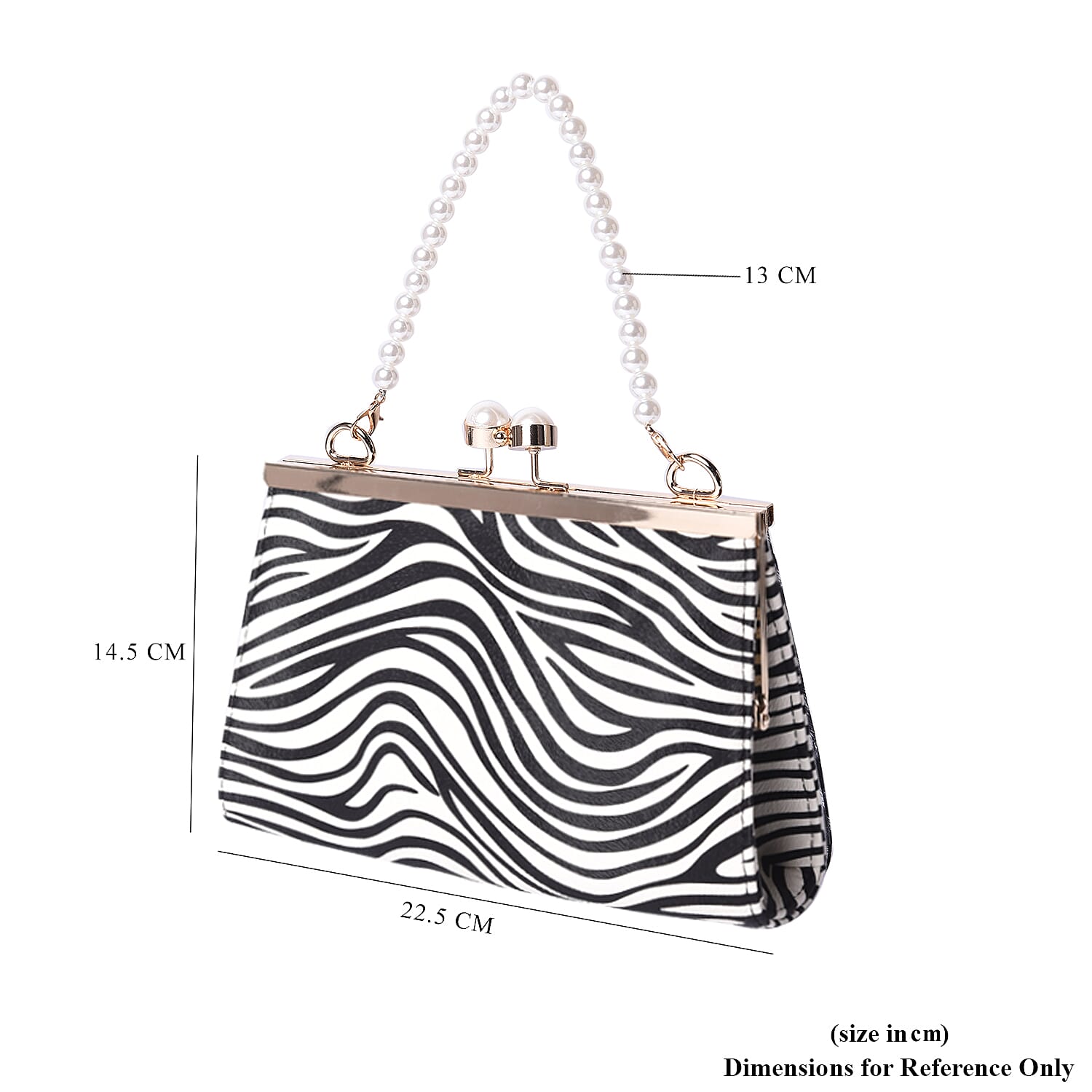 Boutique Inspired- Zebra Pattern Clutch Closure Crossbody Bag with Dangling Pearl Chain and Metallic Shoulder Strap