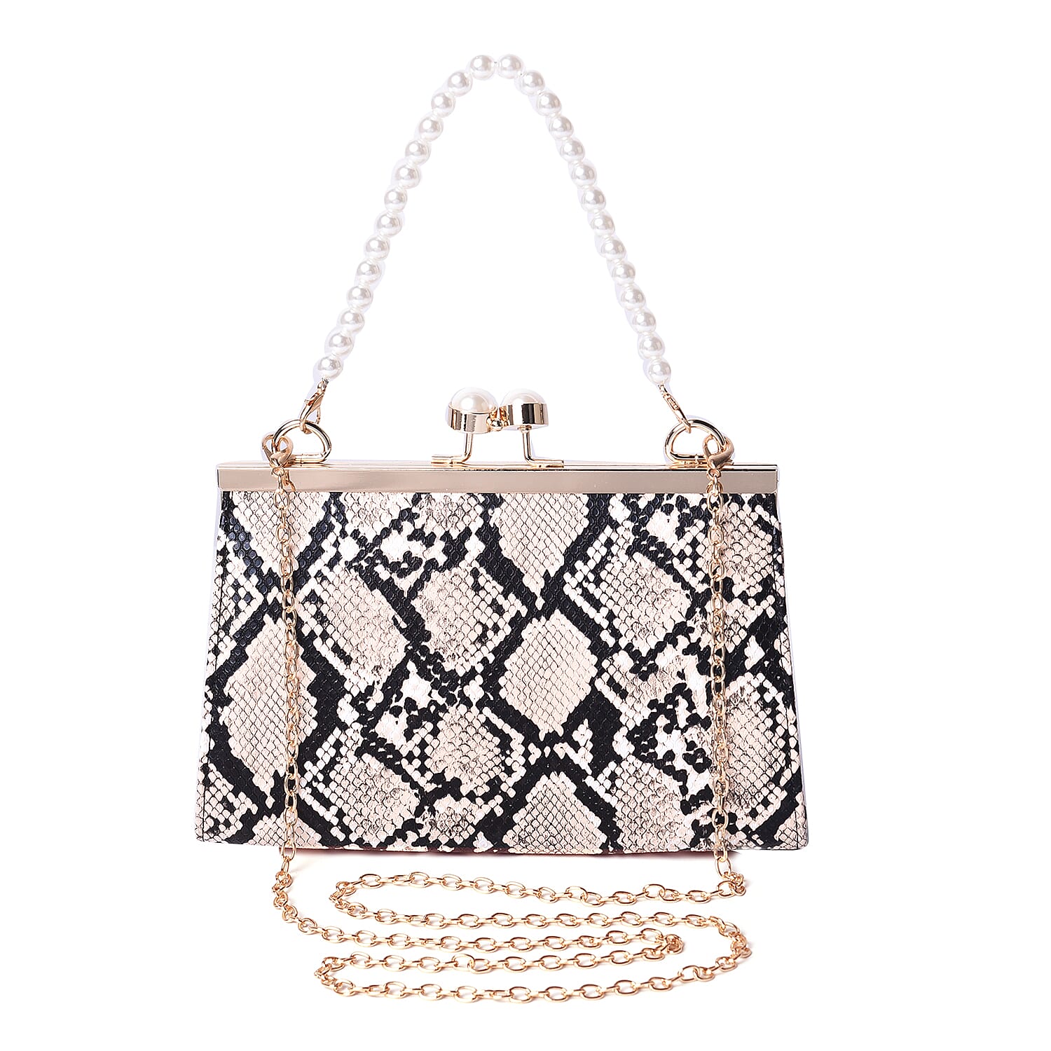 Boutique Inspired- Python Pattern Clutch Closure Crossbody Bag with Dangling Pearl Chain and Metallic Shoulder Strap