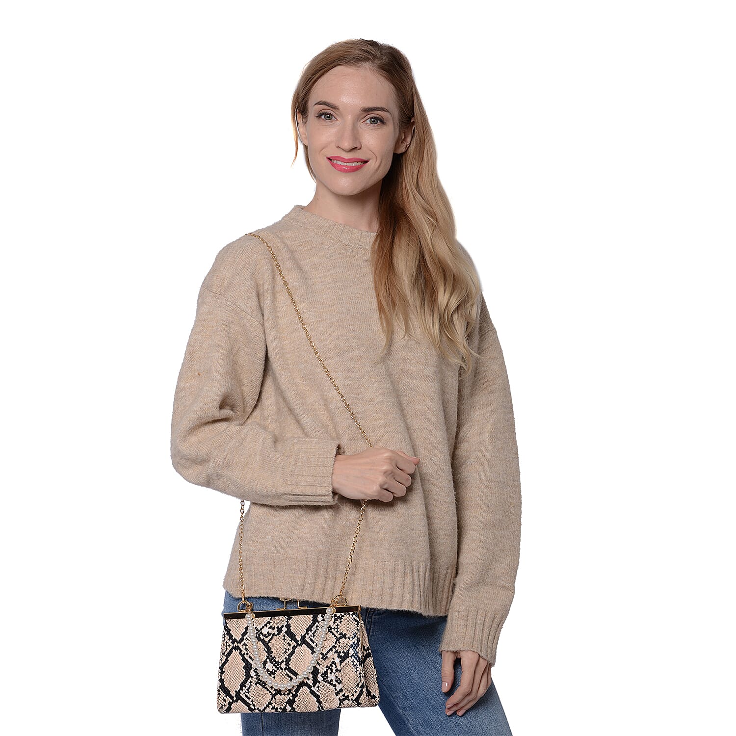 Boutique Inspired- Python Pattern Clutch Closure Crossbody Bag with Dangling Pearl Chain and Metallic Shoulder Strap
