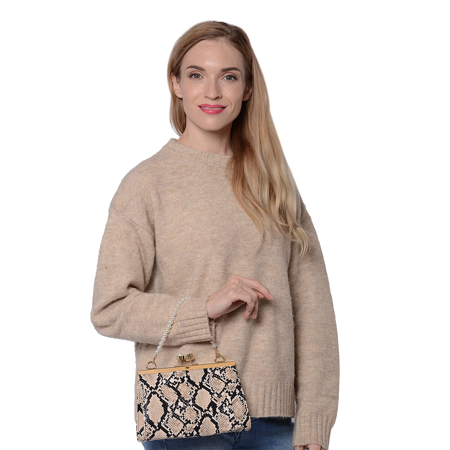 Boutique Inspired- Python Pattern Clutch Closure Crossbody Bag with Dangling Pearl Chain and Metallic Shoulder Strap