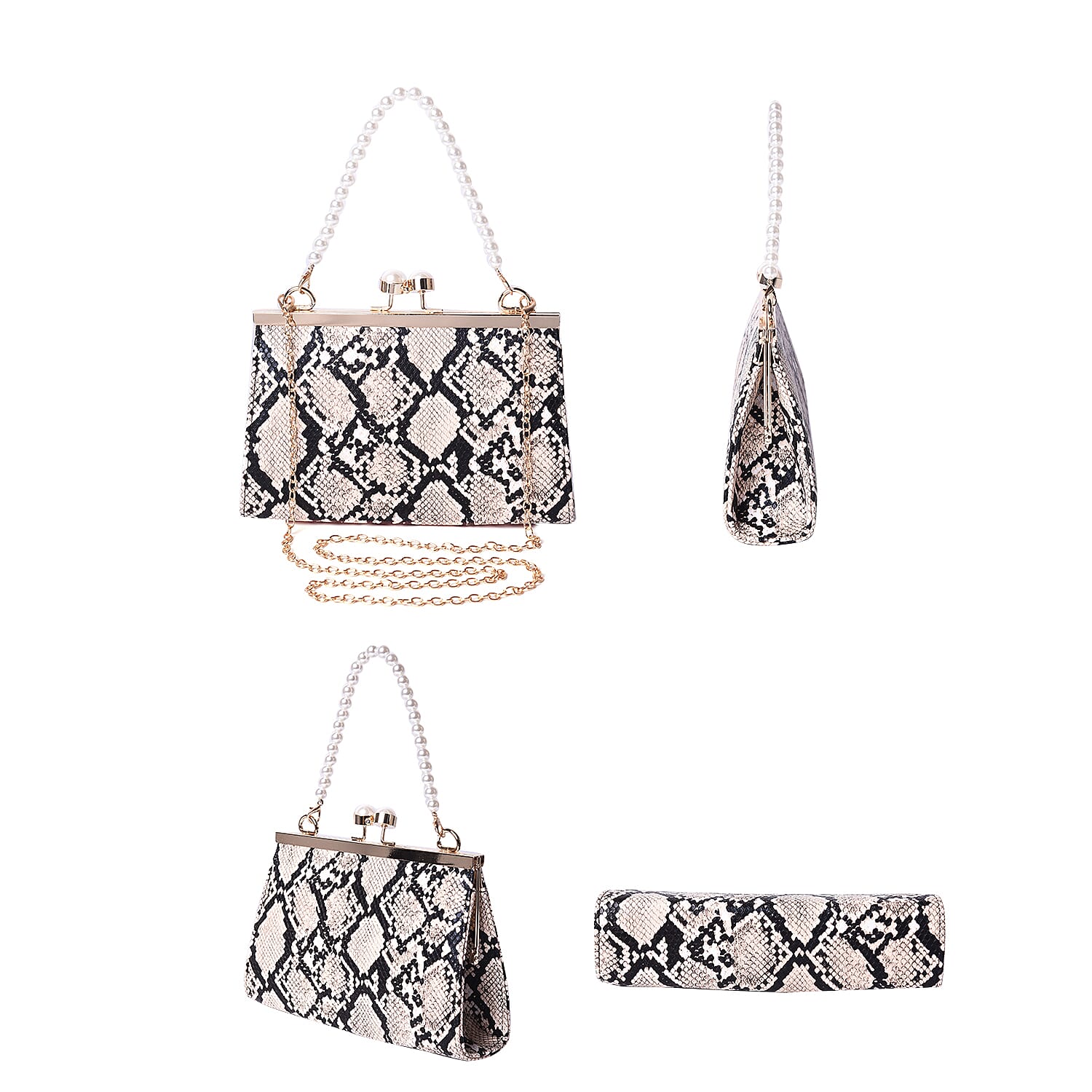 Boutique Inspired- Python Pattern Clutch Closure Crossbody Bag with Dangling Pearl Chain and Metallic Shoulder Strap
