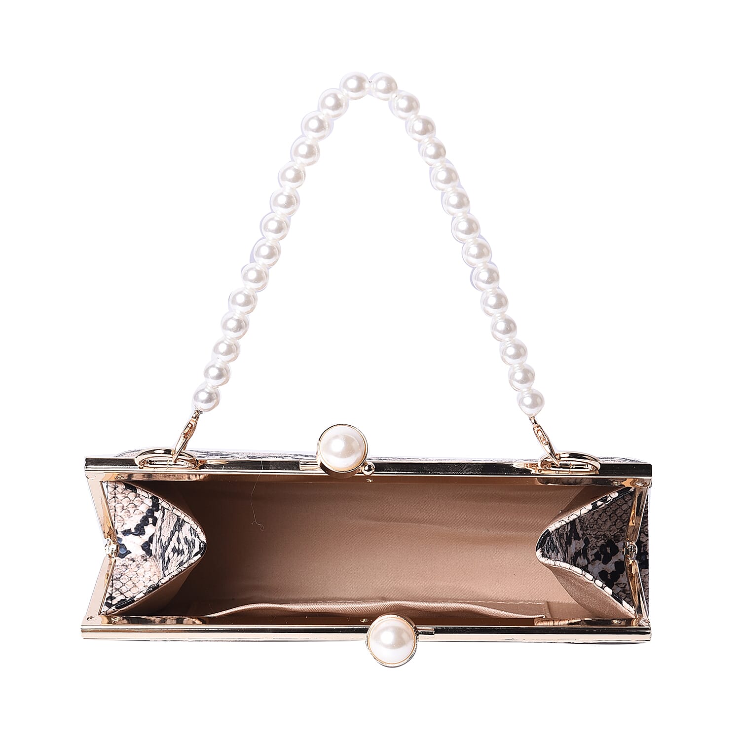 Boutique Inspired- Python Pattern Clutch Closure Crossbody Bag with Dangling Pearl Chain and Metallic Shoulder Strap