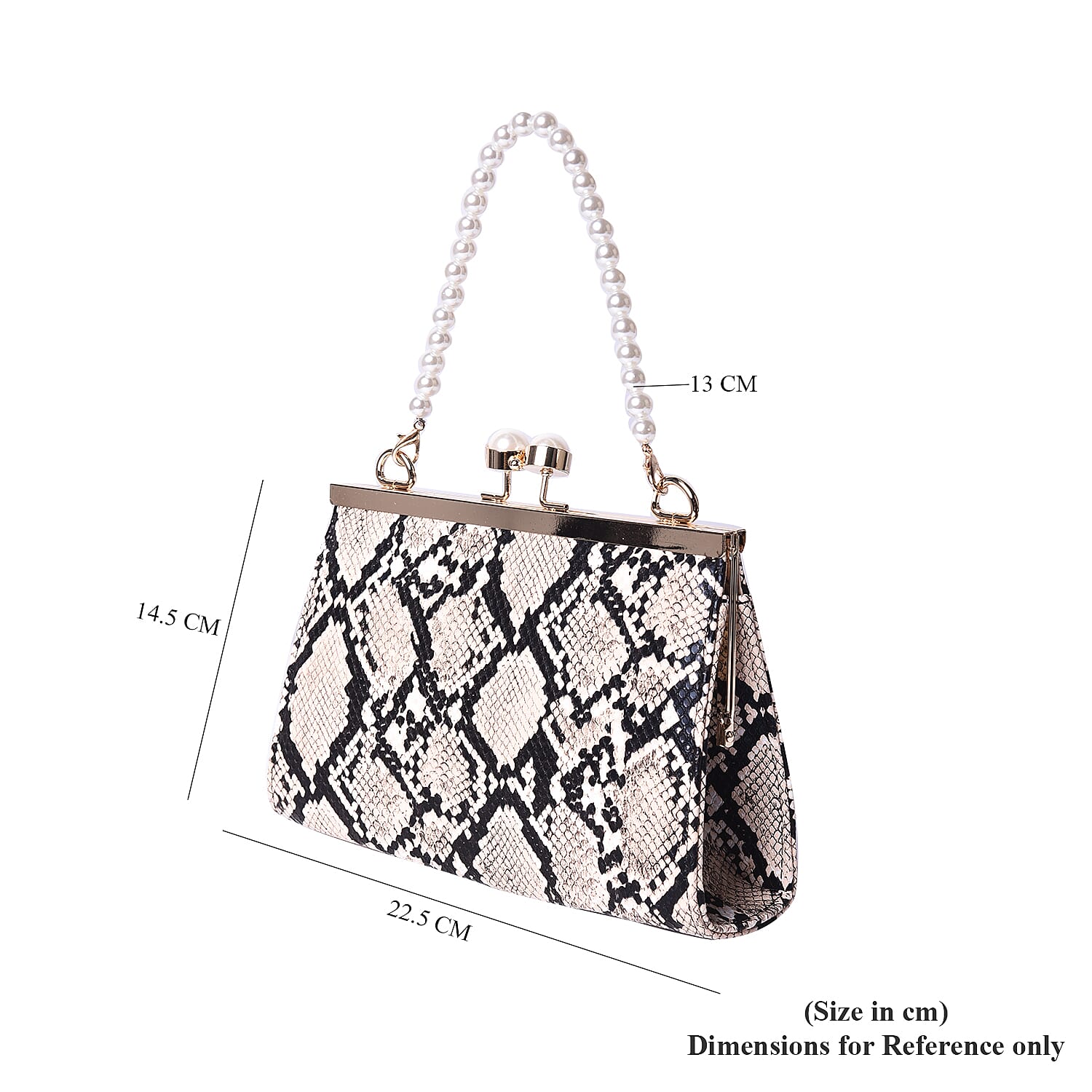 Boutique Inspired- Python Pattern Clutch Closure Crossbody Bag with Dangling Pearl Chain and Metallic Shoulder Strap