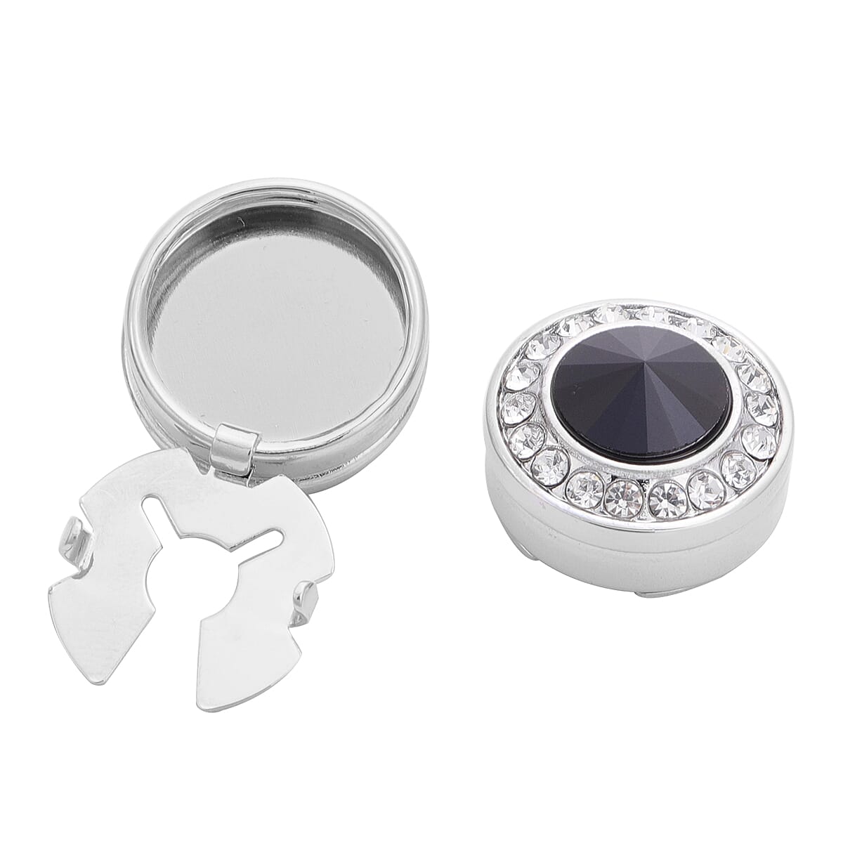 Simulated Black Spinel and White Austrian Crystal Cuff Button Cover in Silver Tone