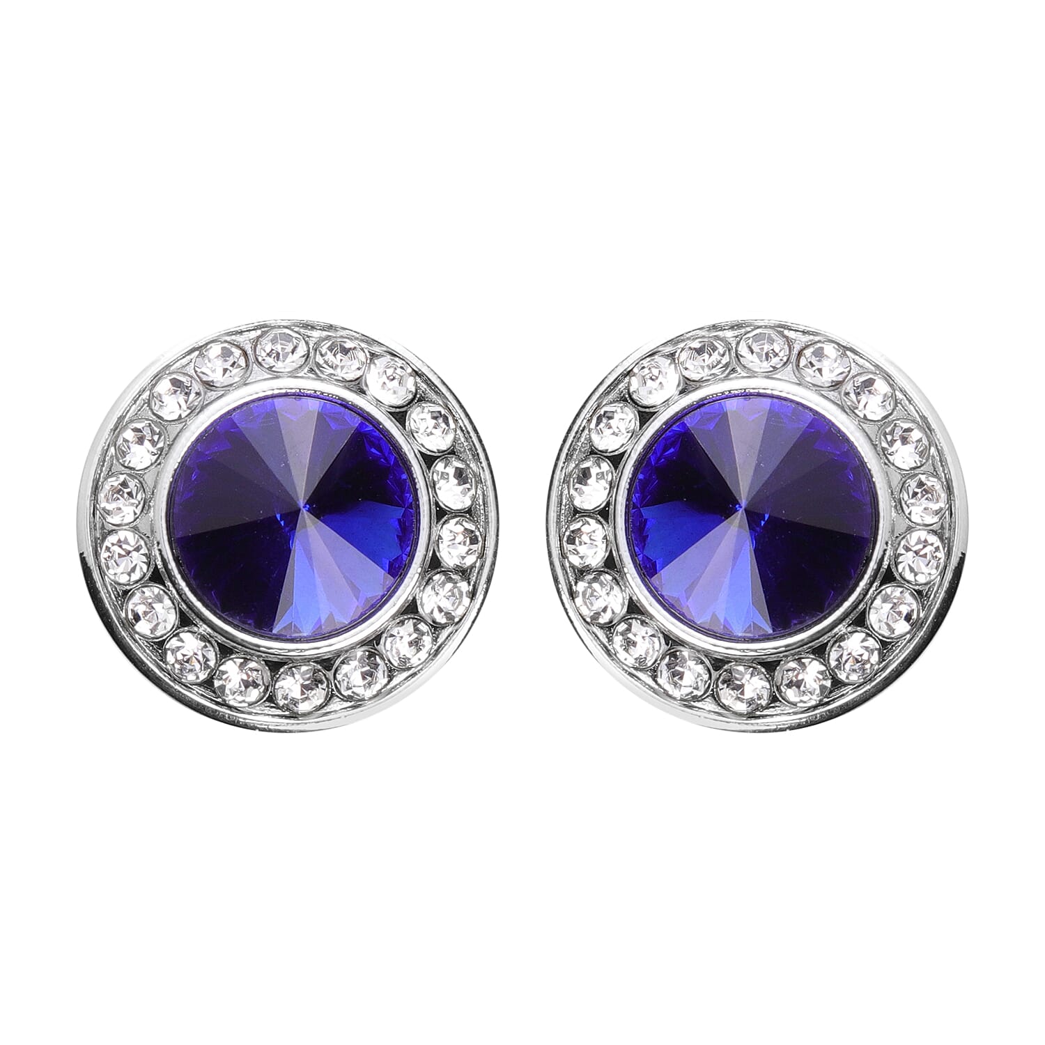 Simulated Blue Sapphire and White Austrian Crystal Cuff Button Cover in Silver Tone