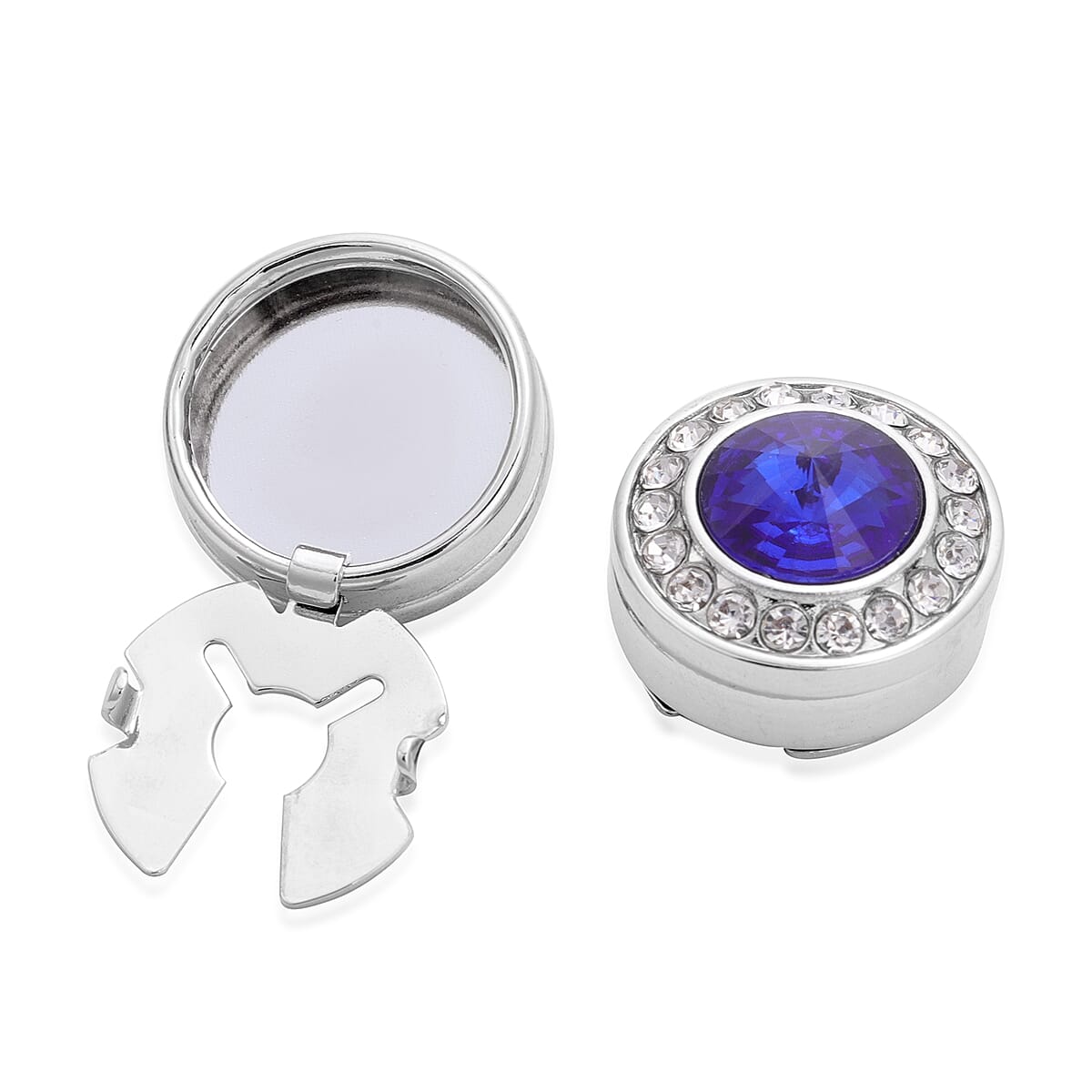 Simulated Blue Sapphire and White Austrian Crystal Cuff Button Cover in Silver Tone