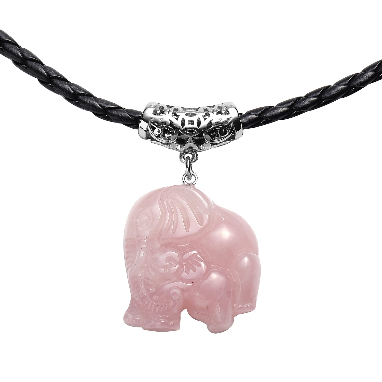 Carved Rose Quartz Elephant Necklace (Size 20 with Extender) in Stainless Steel 30.00 Ct.