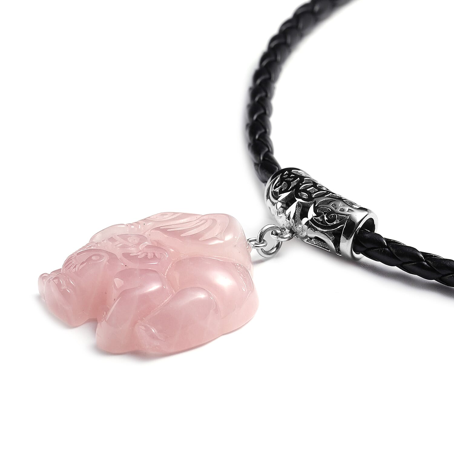 Carved Rose Quartz Elephant Necklace (Size 20 with Extender) in Stainless Steel 30.00 Ct.