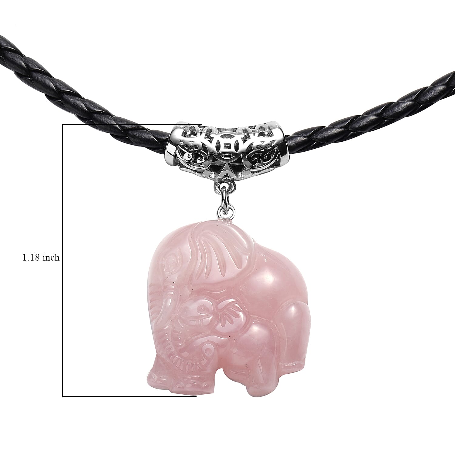 Carved Rose Quartz Elephant Necklace (Size 20 with Extender) in Stainless Steel 30.00 Ct.