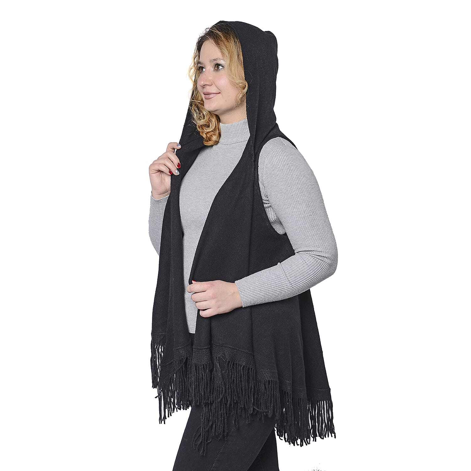 Close Out Deal- Knit Hooded Vest with Tassels (Size 52x85cm)