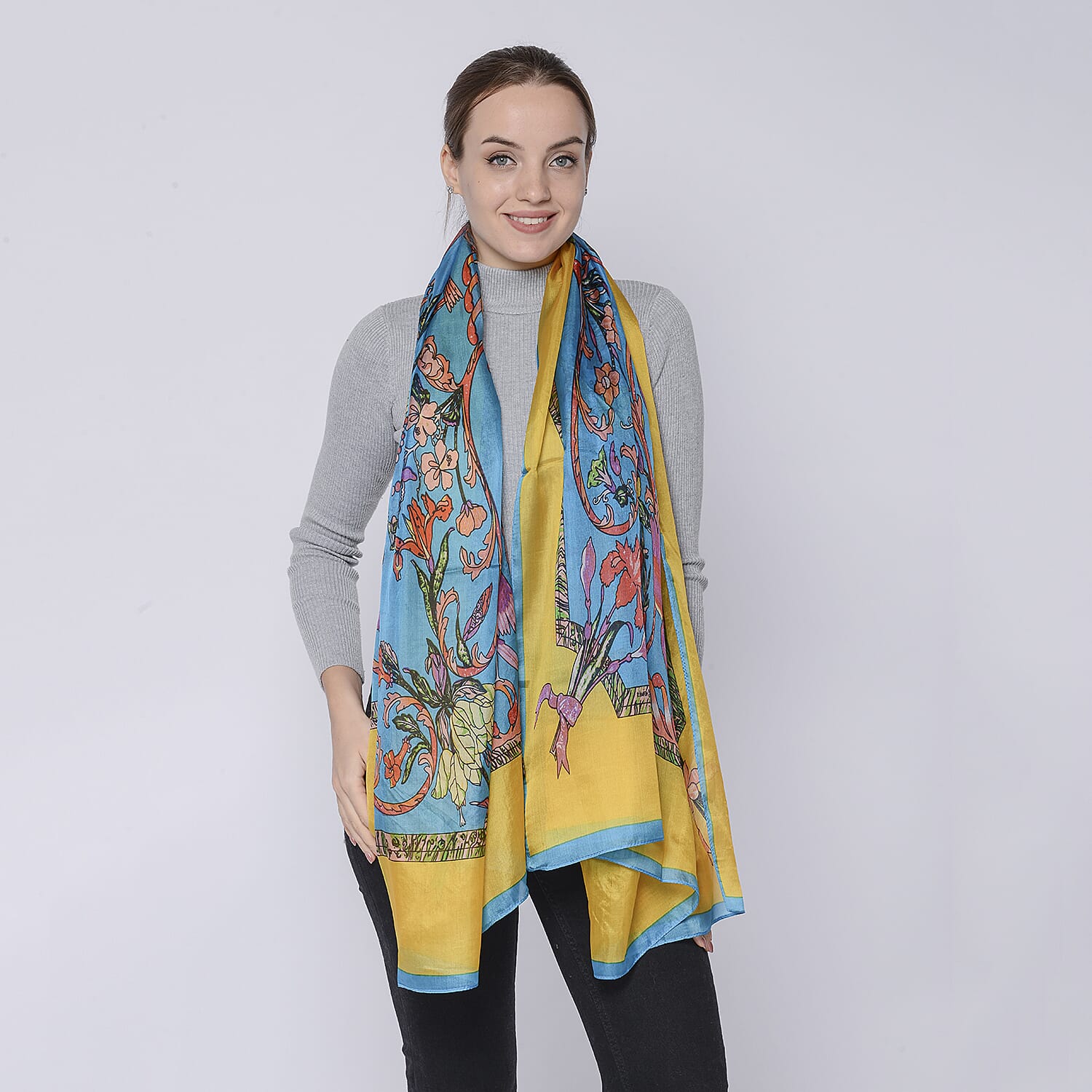 LA MAREY Mulberry Silk Printed Scarf - Blue and Yellow