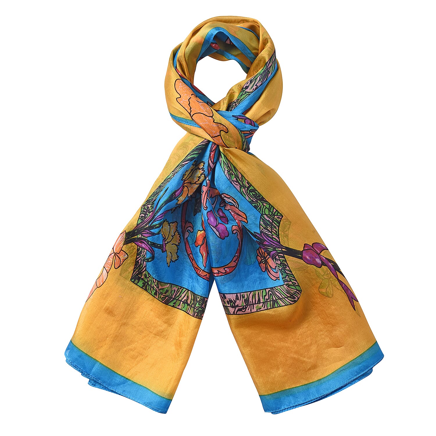 LA MAREY Mulberry Silk Printed Scarf - Blue and Yellow