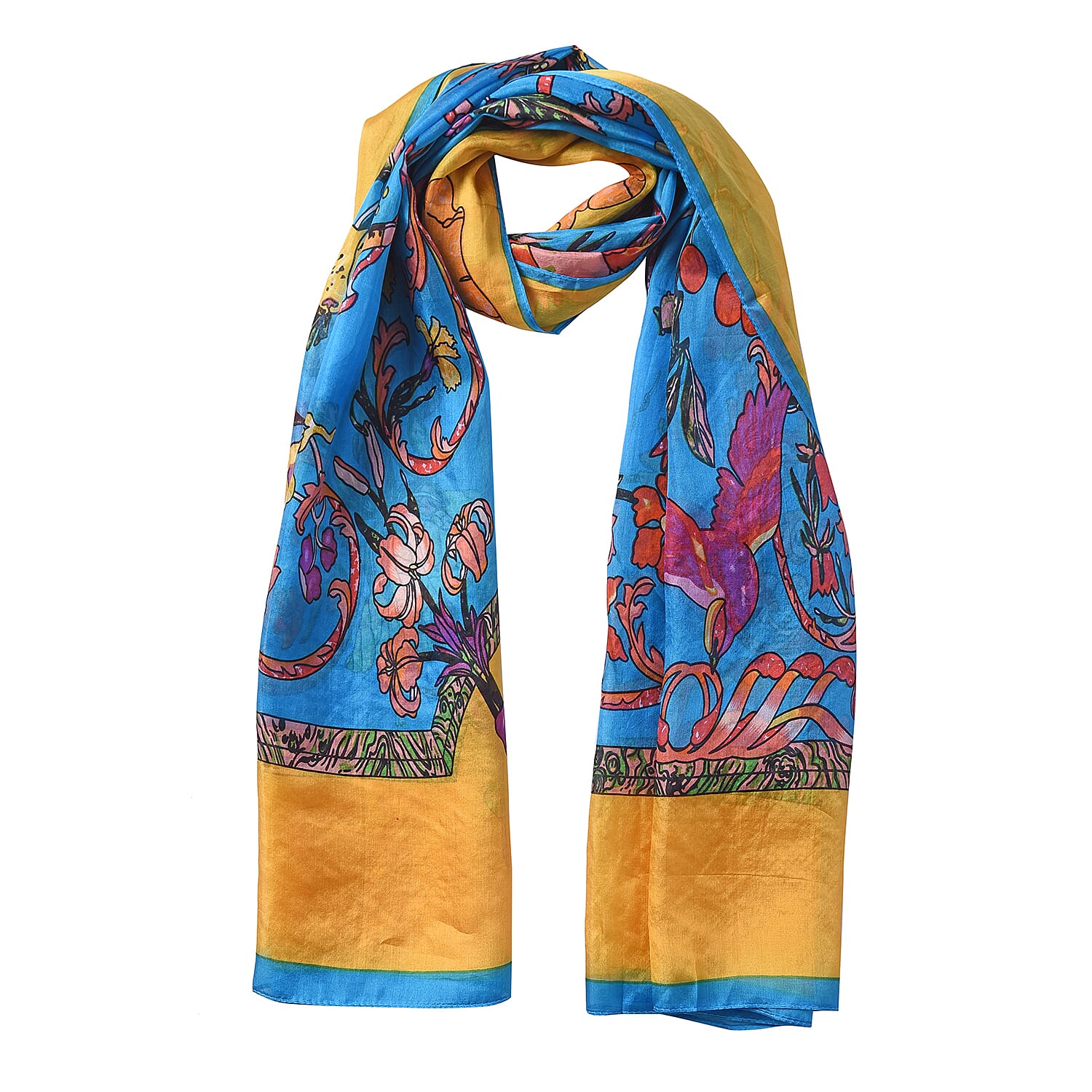 LA MAREY Mulberry Silk Printed Scarf - Blue and Yellow