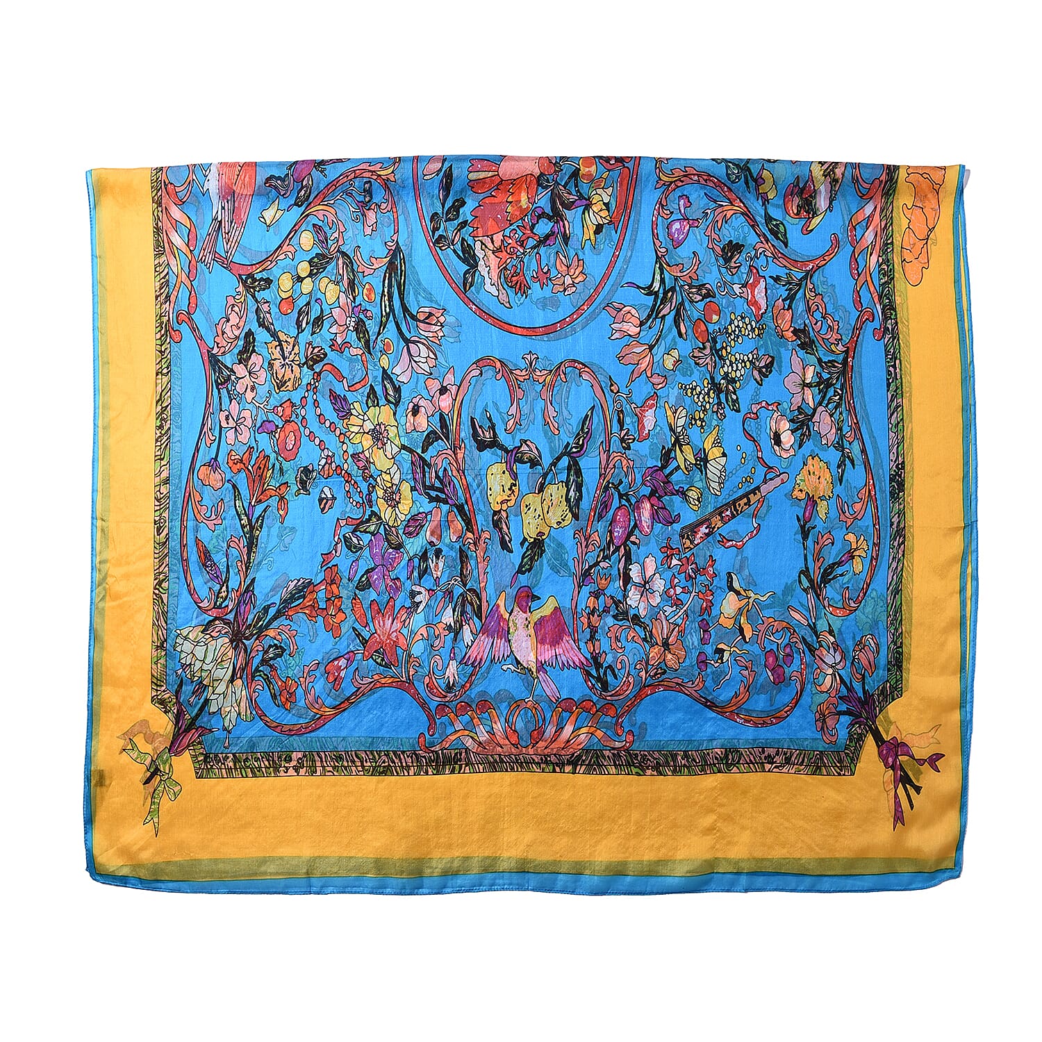 LA MAREY Mulberry Silk Printed Scarf - Blue and Yellow