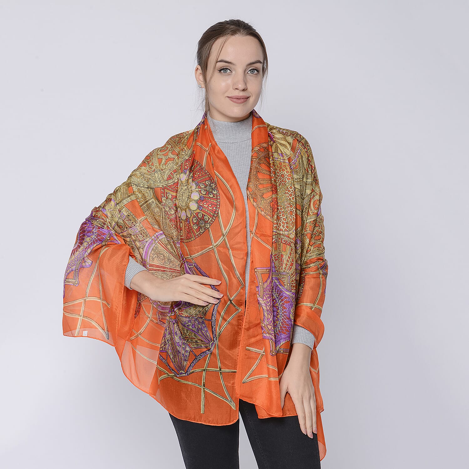 LA MAREY 100% Mulberry Silk Bohemian Pattern Womens Scarf (Size:175x110Cm) - Orange