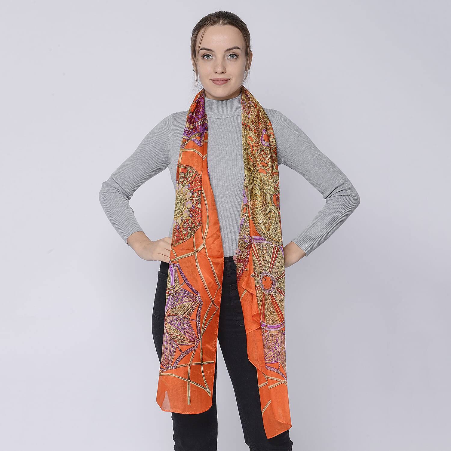 LA MAREY 100% Mulberry Silk Bohemian Pattern Womens Scarf (Size:175x110Cm) - Orange