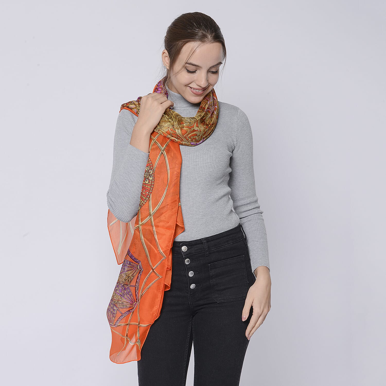 LA MAREY 100% Mulberry Silk Bohemian Pattern Womens Scarf (Size:175x110Cm) - Orange