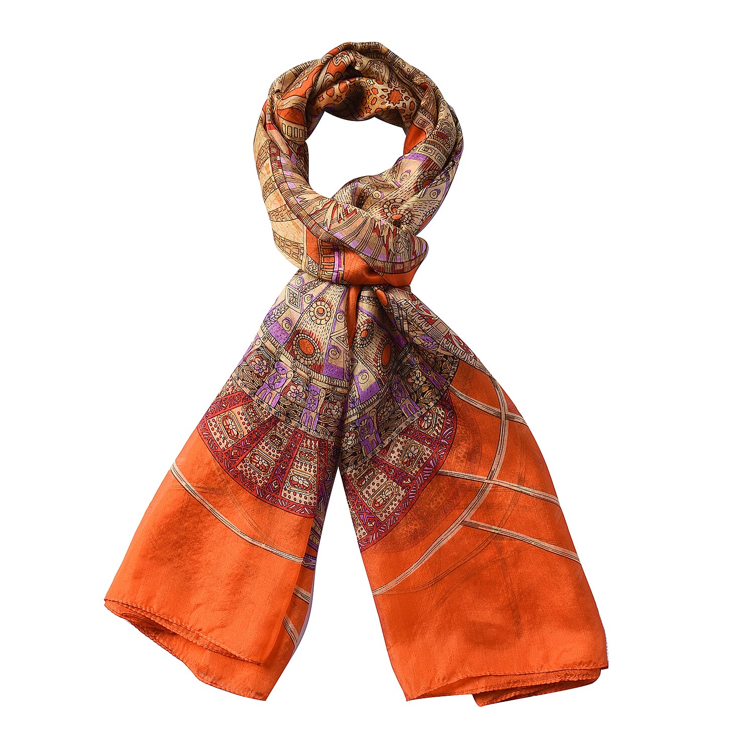 LA MAREY 100% Mulberry Silk Bohemian Pattern Womens Scarf (Size:175x110Cm) - Orange