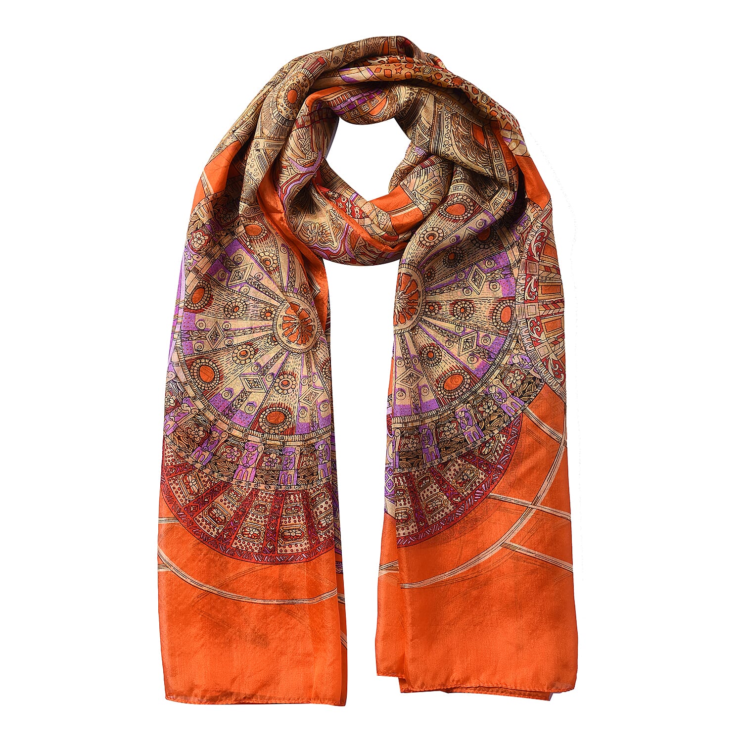 LA MAREY 100% Mulberry Silk Bohemian Pattern Womens Scarf (Size:175x110Cm) - Orange
