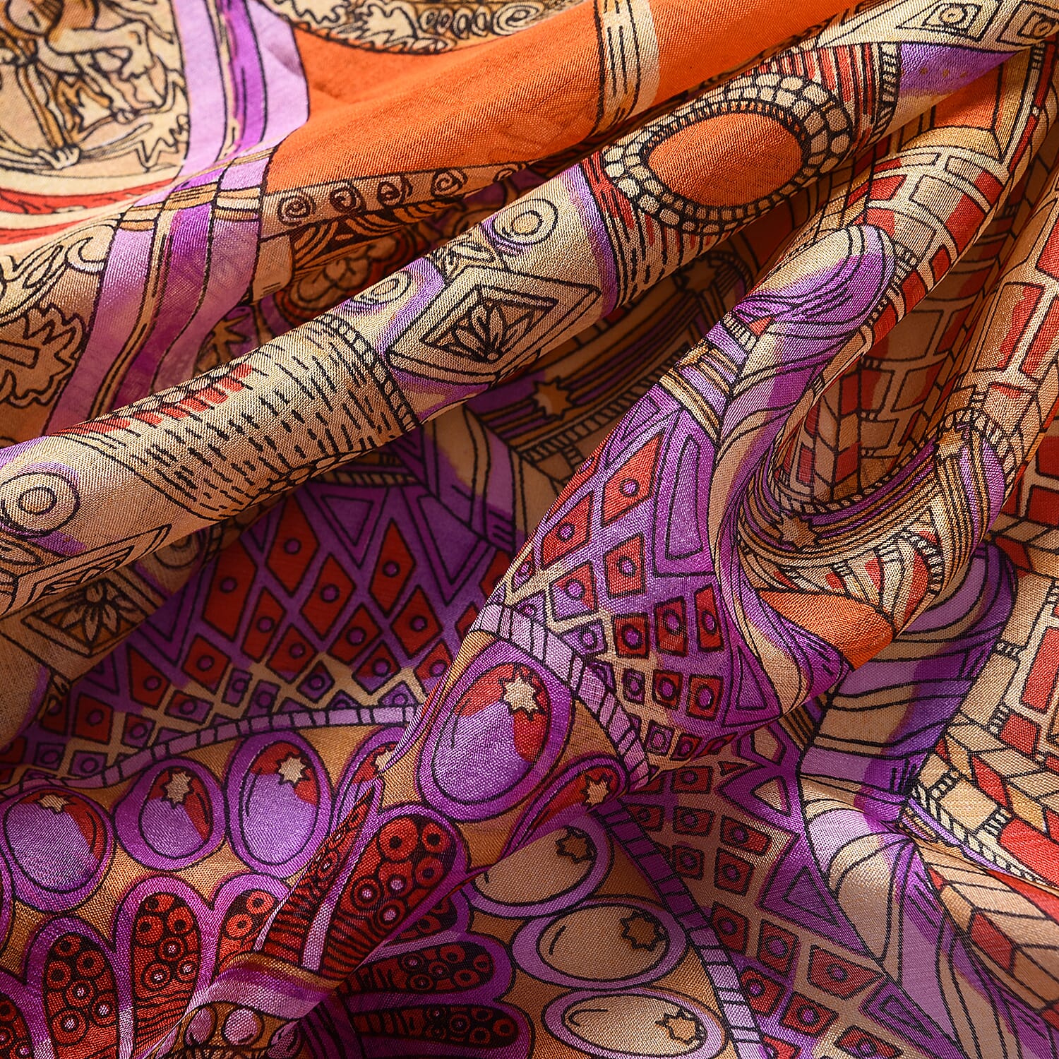 LA MAREY 100% Mulberry Silk Bohemian Pattern Womens Scarf (Size:175x110Cm) - Orange