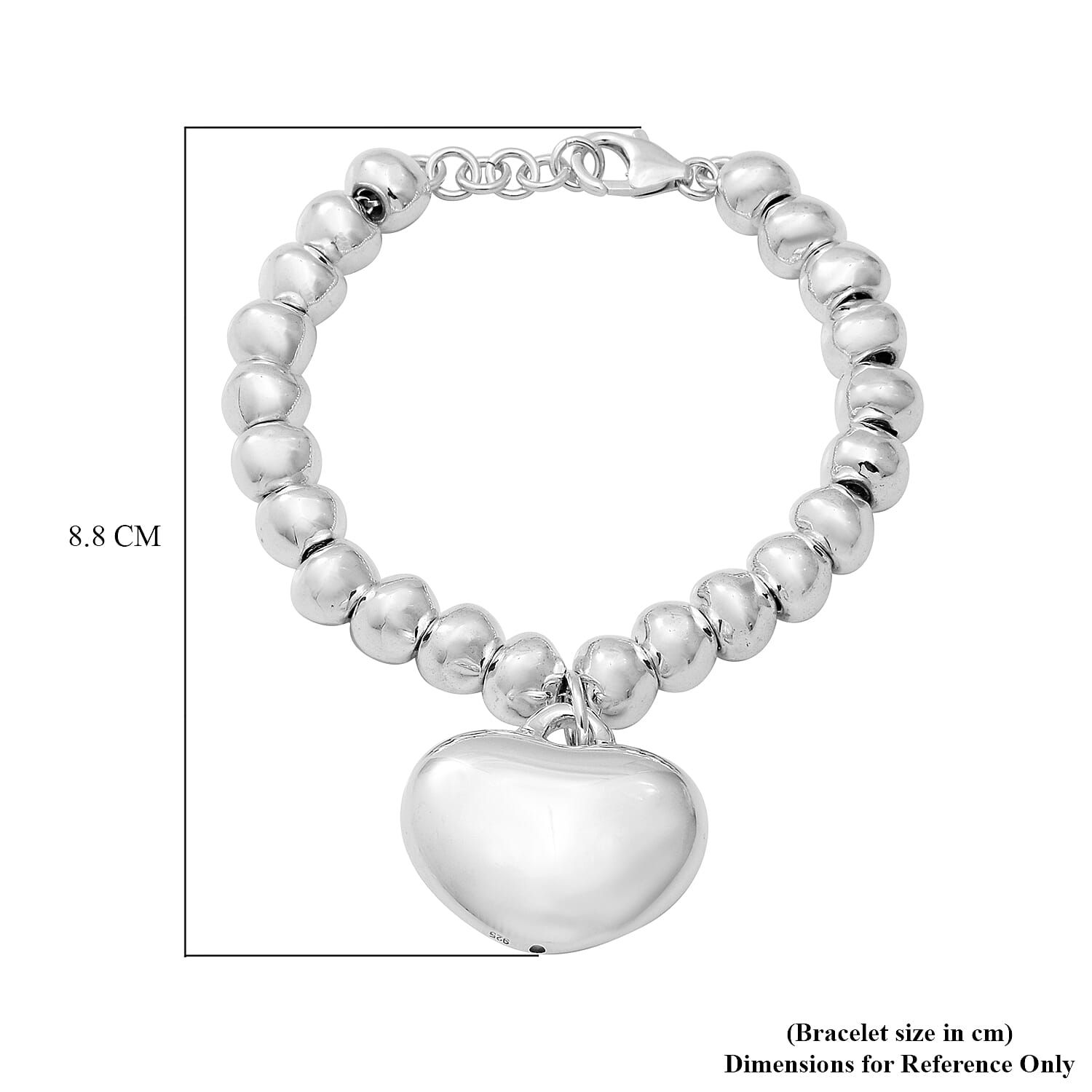 Sterling Silver Heart and Bead Bracelet (Size 7), Silver wt. 19.00 Gms