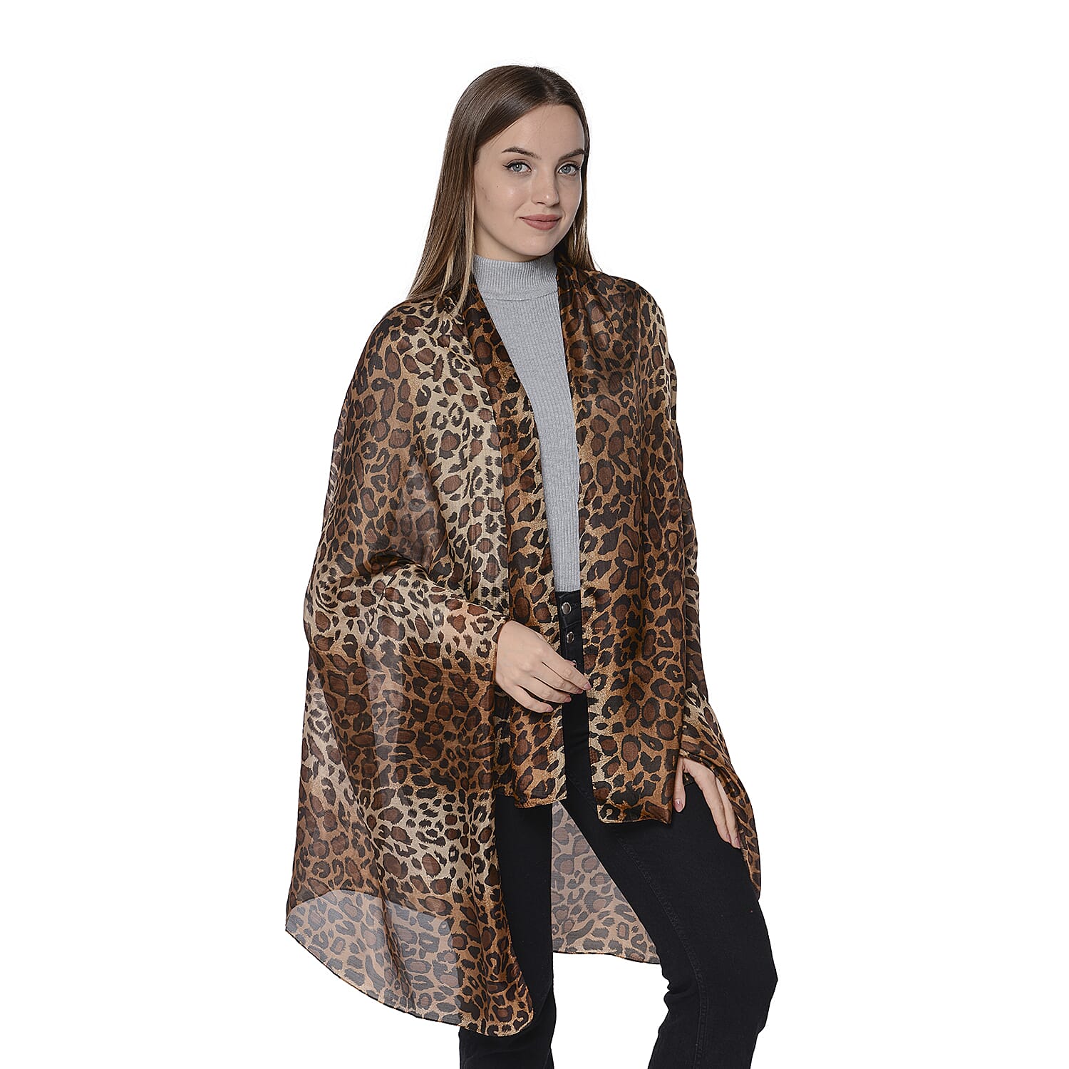 LA MAREY New Collection - 100% Mulberry Silk Leopard Print Scarf (Size 180x110cm) - Brown