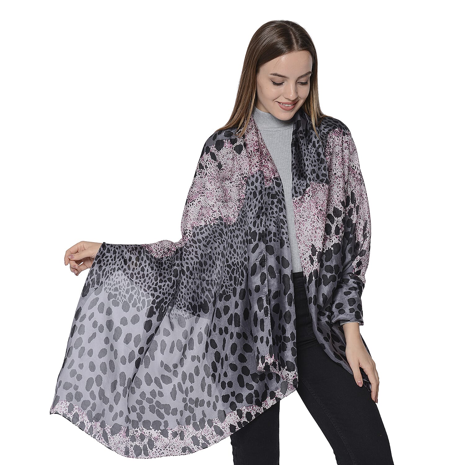 LA MAREY New Collection - 100% Mulberry Silk Leopard Print Scarf (Size 180x110cm) - Grey