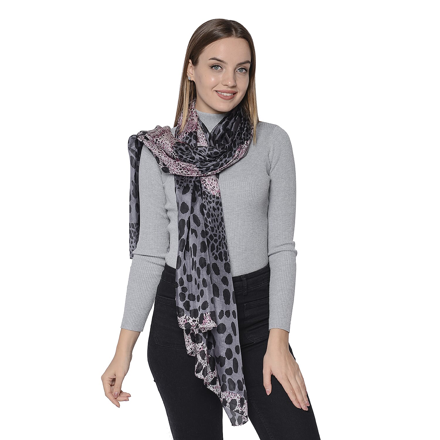 LA MAREY New Collection - 100% Mulberry Silk Leopard Print Scarf (Size 180x110cm) - Grey