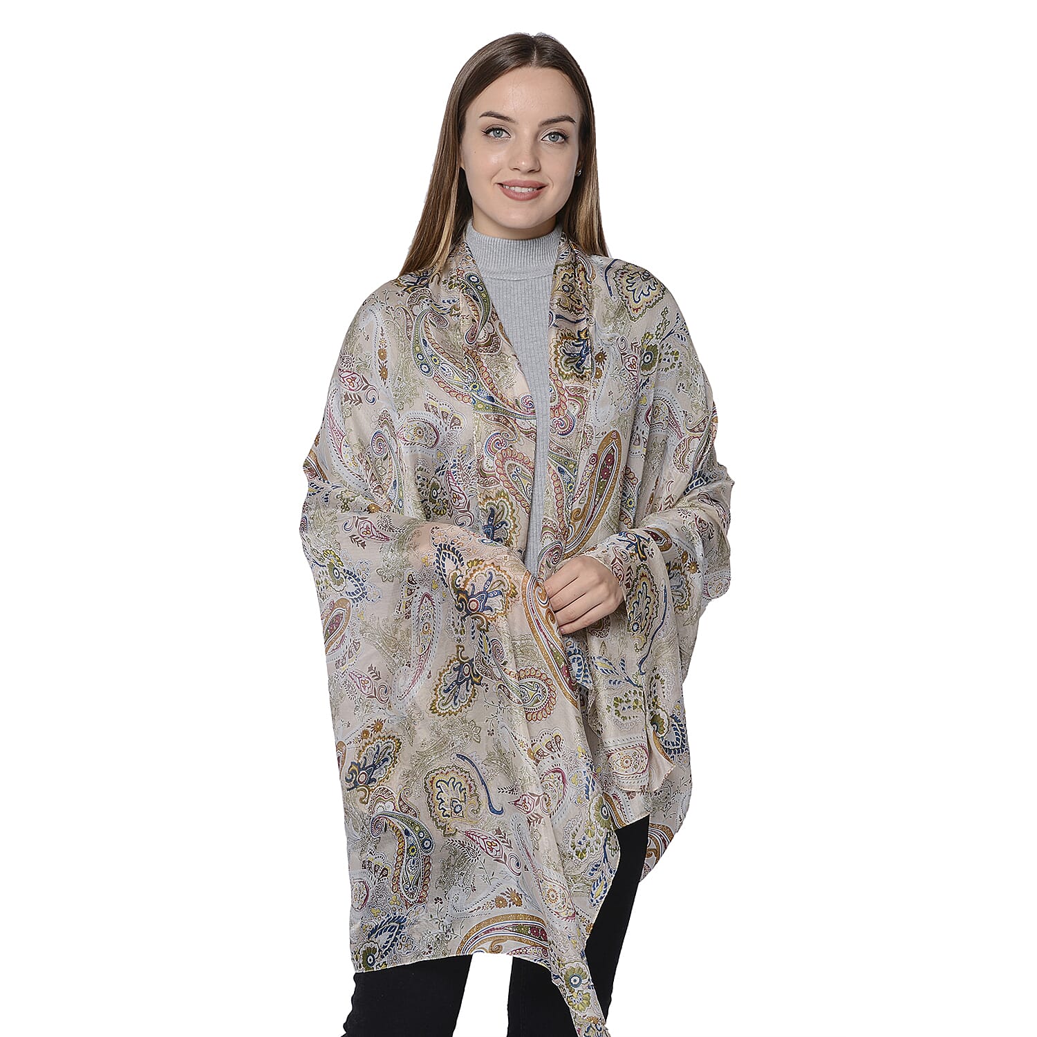 LA MAREY New Collection - 100% Mulberry Silk Paisley Print Scarf (Size 180x110cm) - White