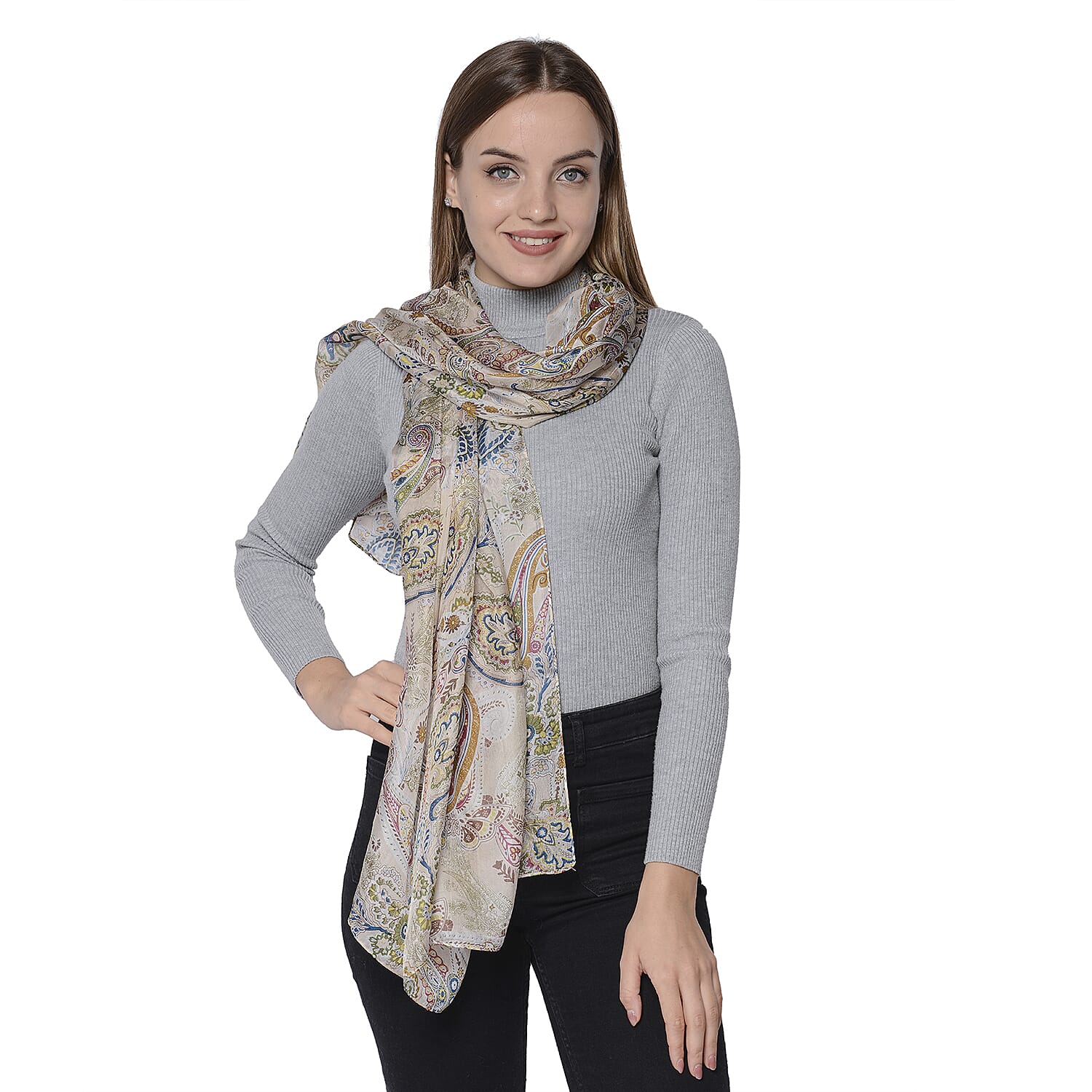LA MAREY New Collection - 100% Mulberry Silk Paisley Print Scarf (Size 180x110cm) - White