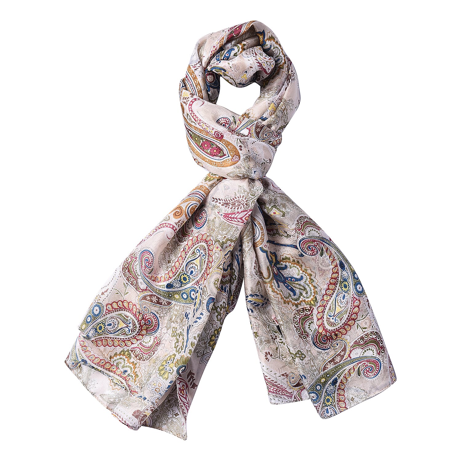 LA MAREY New Collection - 100% Mulberry Silk Paisley Print Scarf (Size 180x110cm) - White