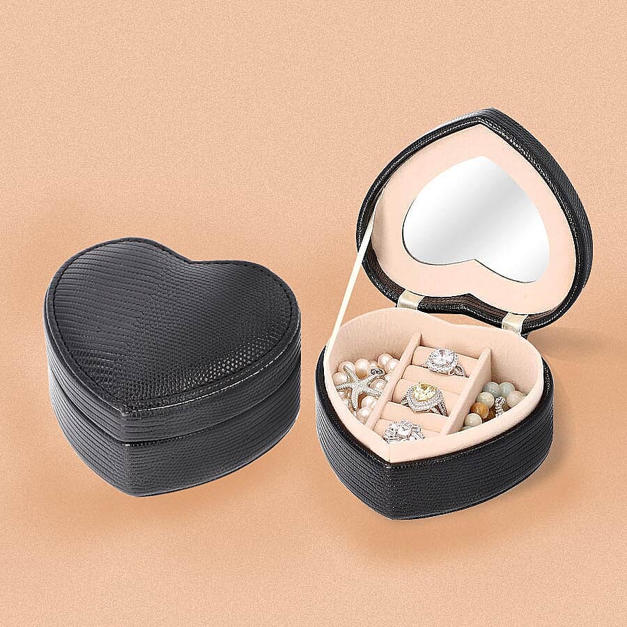 Grace Collection - Lizard Skin Pattern Heart Shaped  Anti-Tarnish Jewellery Box with Inside Mirror, Ring Rows & 2 Sections (Size 10.5x10x6cm) - Black
