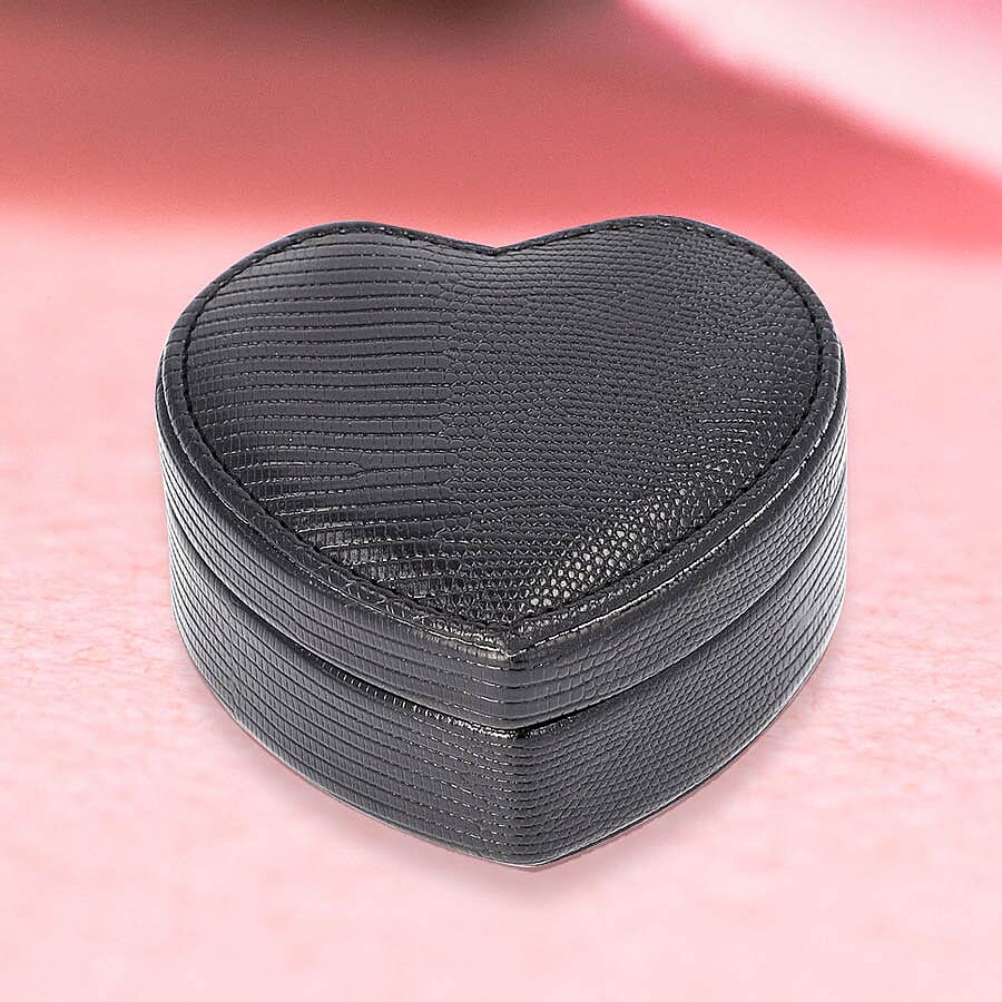 Grace Collection - Lizard Skin Pattern Heart Shaped  Anti-Tarnish Jewellery Box with Inside Mirror, Ring Rows & 2 Sections (Size 10.5x10x6cm) - Black