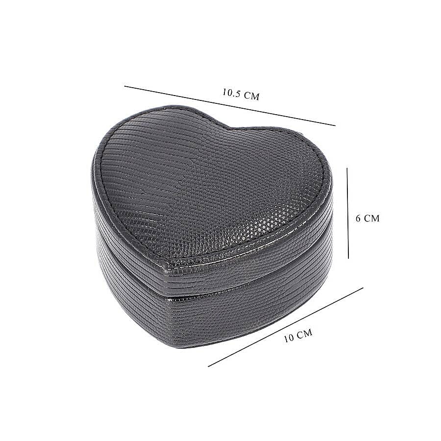 Grace Collection - Lizard Skin Pattern Heart Shaped  Anti-Tarnish Jewellery Box with Inside Mirror, Ring Rows & 2 Sections (Size 10.5x10x6cm) - Black