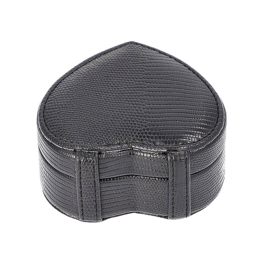 Grace Collection - Lizard Skin Pattern Heart Shaped  Anti-Tarnish Jewellery Box with Inside Mirror, Ring Rows & 2 Sections (Size 10.5x10x6cm) - Black