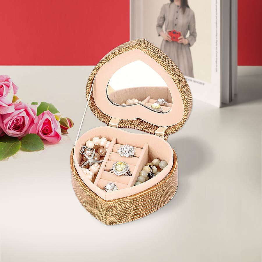 Grace Collection - Lizard Skin Pattern Heart Shaped  Anti-Tarnish Jewellery Box with Inside Mirror, Ring Rows & 2 Sections (Size 10.5x10x6cm) - Brown