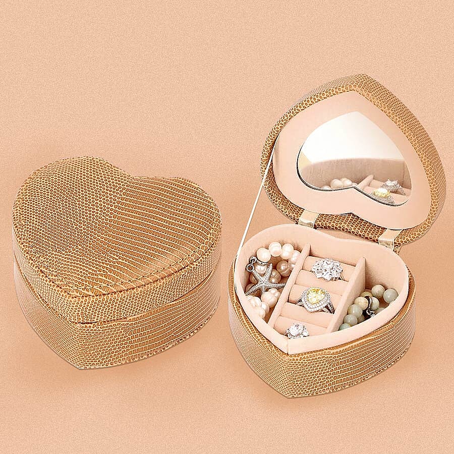 Grace Collection - Lizard Skin Pattern Heart Shaped  Anti-Tarnish Jewellery Box with Inside Mirror, Ring Rows & 2 Sections (Size 10.5x10x6cm) - Brown