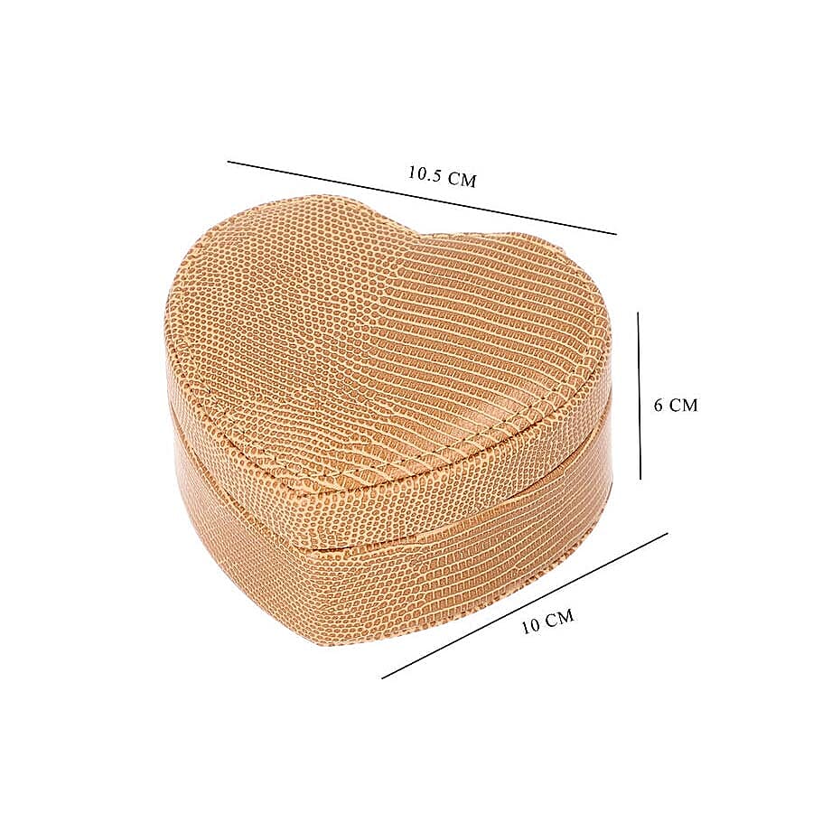 Grace Collection - Lizard Skin Pattern Heart Shaped  Anti-Tarnish Jewellery Box with Inside Mirror, Ring Rows & 2 Sections (Size 10.5x10x6cm) - Brown
