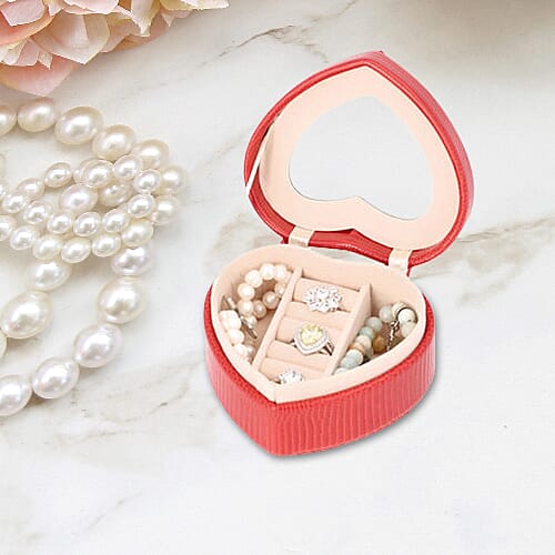 Grace Collection - Lizard Skin Pattern Heart Shaped  Anti-Tarnish Jewellery Box with Inside Mirror, Ring Rows & 2 Sections (Size 10.5x10x6cm) - Red