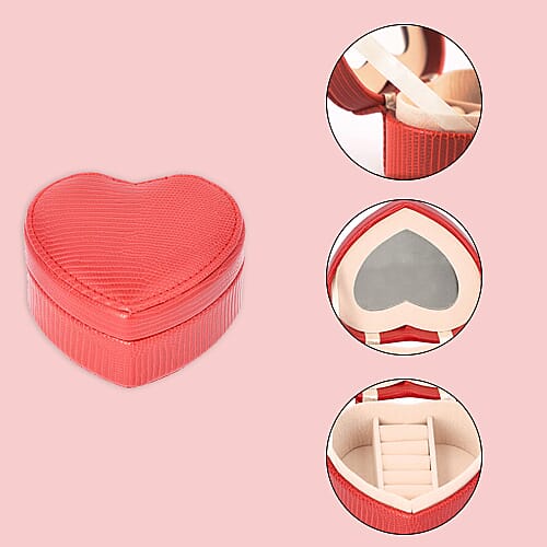 Grace Collection - Lizard Skin Pattern Heart Shaped  Anti-Tarnish Jewellery Box with Inside Mirror, Ring Rows & 2 Sections (Size 10.5x10x6cm) - Red