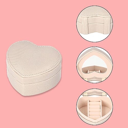 Grace Collection - Lizard Skin Pattern Heart Shaped  Anti-Tarnish Jewellery Box with Inside Mirror, Ring Rows & 2 Sections (Size 10.5x10x6cm) - Ivory