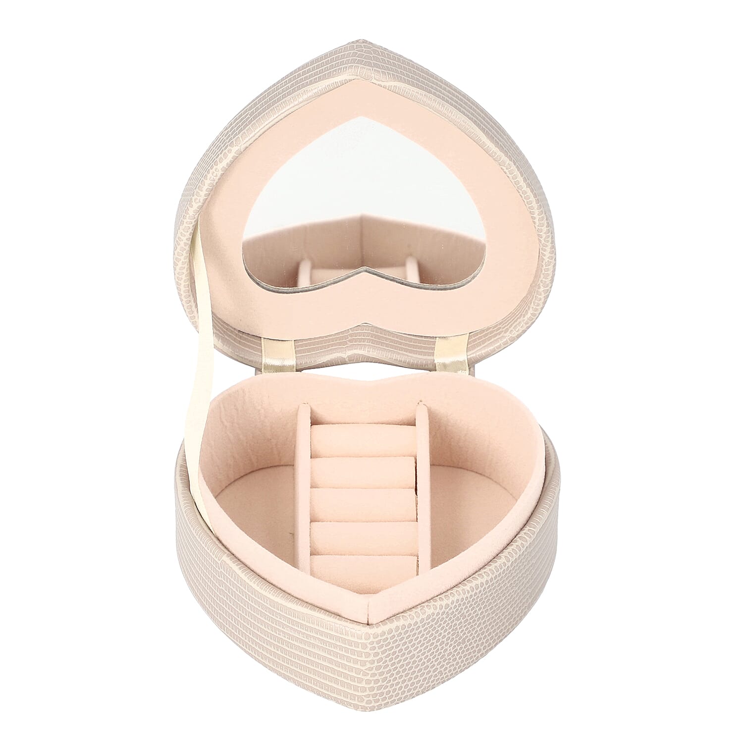 Grace Collection - Lizard Skin Pattern Heart Shaped  Anti-Tarnish Jewellery Box with Inside Mirror, Ring Rows & 2 Sections (Size 10.5x10x6cm) - Ivory