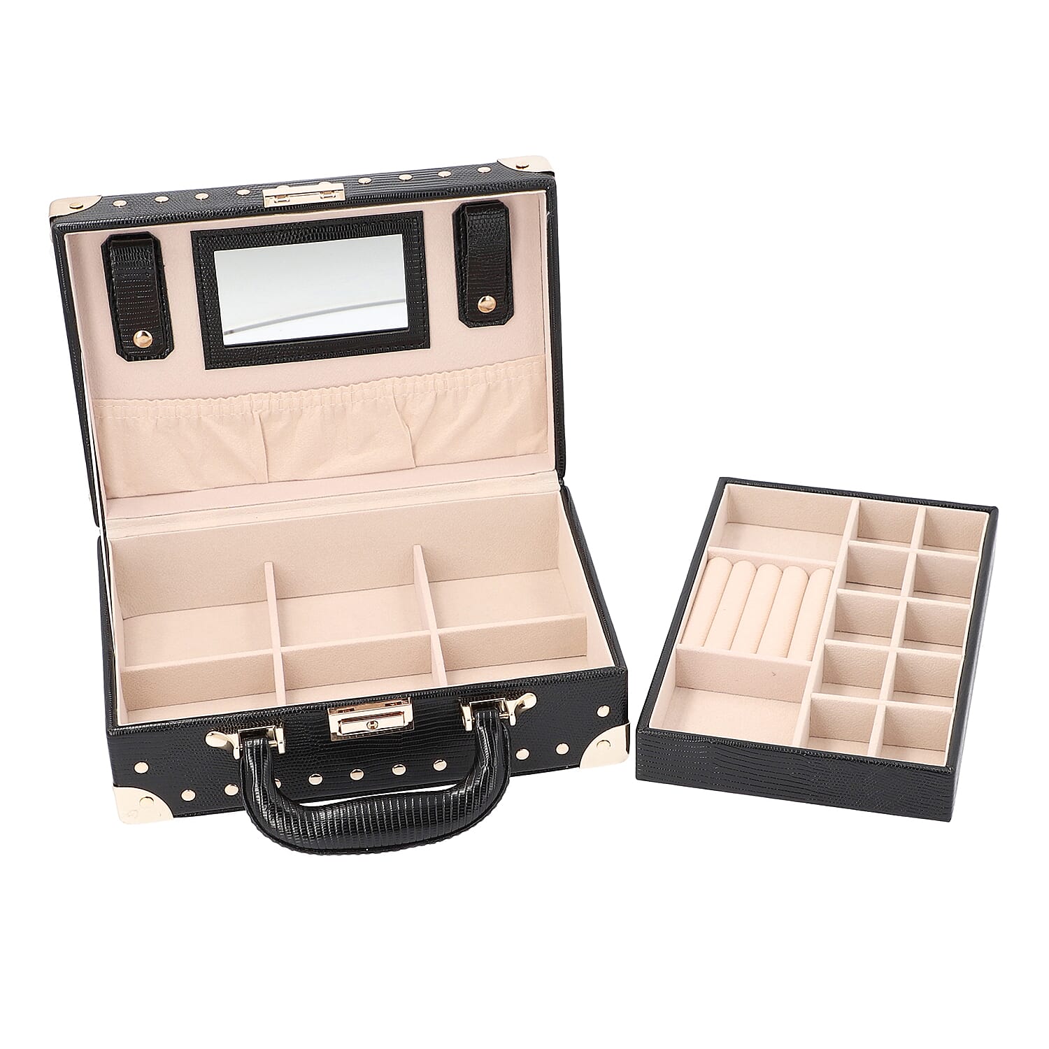 Briefcase Design Lizard Skin Pattern Two Layer  Anti-Tarnish Jewellery Storage Box with Inside Mirror, Removable Tray and Velvet Lining (Size 25x17.5x9.5cm) - Black